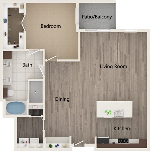 Floor plan for 1 bed, 1 bath, 964 sqft